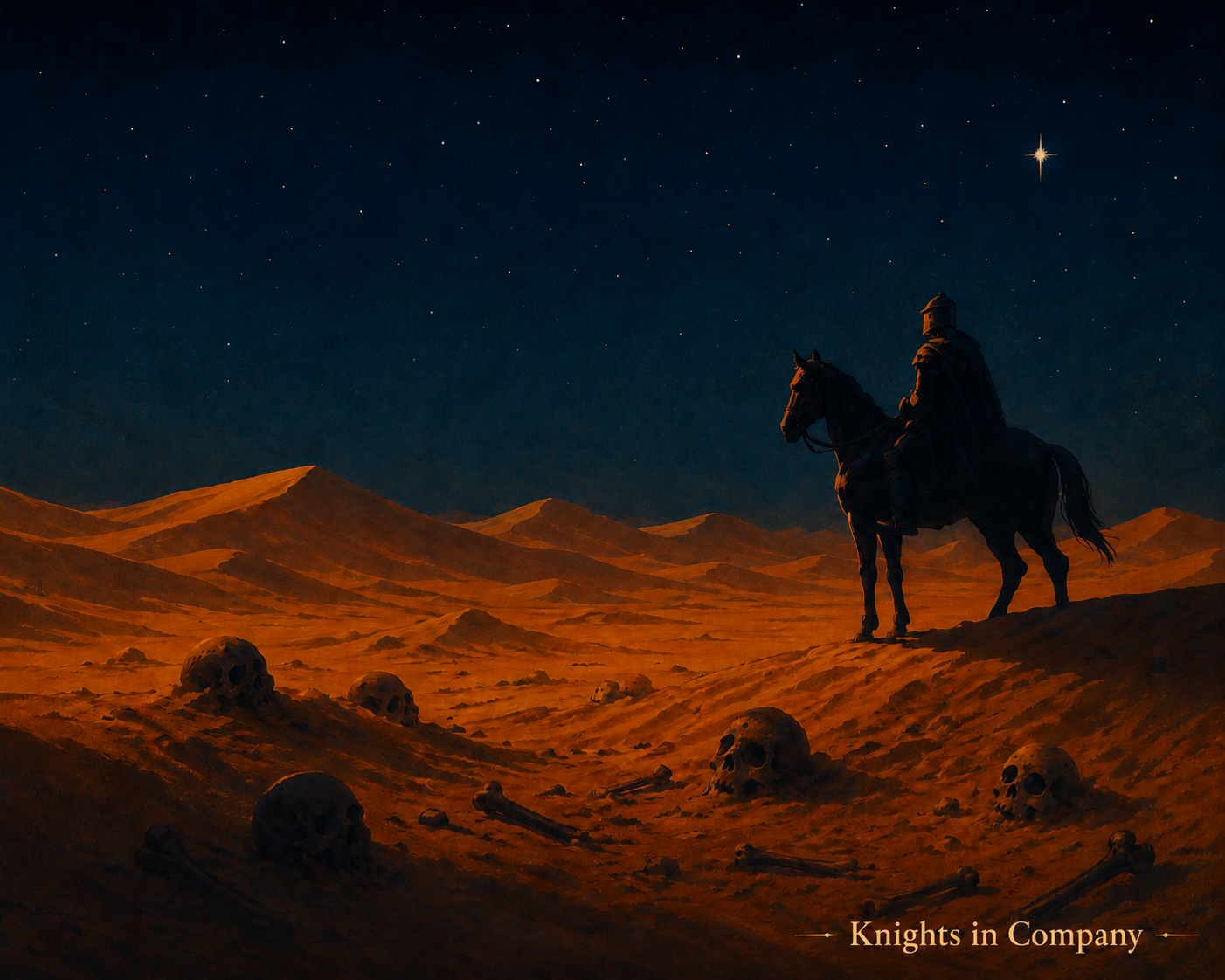A knight crossing a desert under the stars